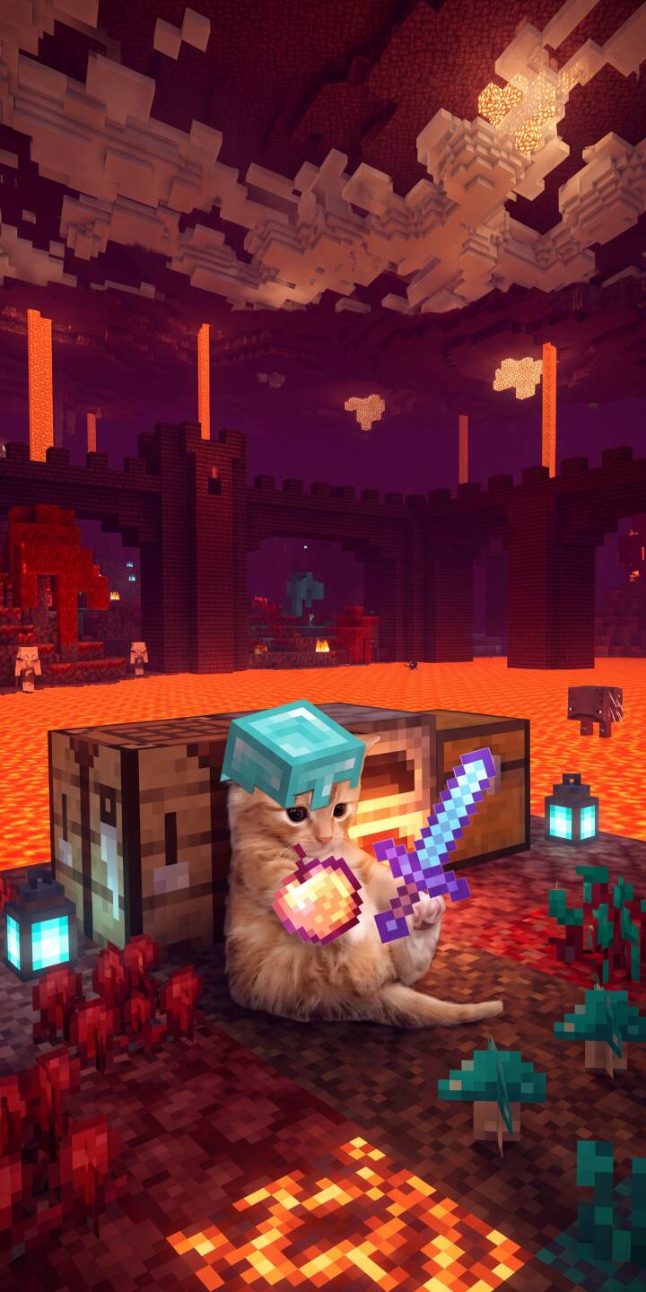 A fluffy cat dons a diamond helmet and wields a gleaming diamond sword, holding an enchanted golden apple in this vibrant 4K Minecraft Nether wallpaper. This unique wallpaper is perfect for iPhone users who love cute creatures and epic adventures. | cat minecraft cute iphone fantasy gaming wallpaper mobile 4k wallpaper hd wallpaper nether diamond gear A fluffy cat dons a diamond helmet and wields a gleaming diamond sword, holding an enchanted golden apple in this vibrant 4K Minecraft Nether wallpaper. This unique wallpaper is perfect for iPhone users who love cute creatures and epic adventures.