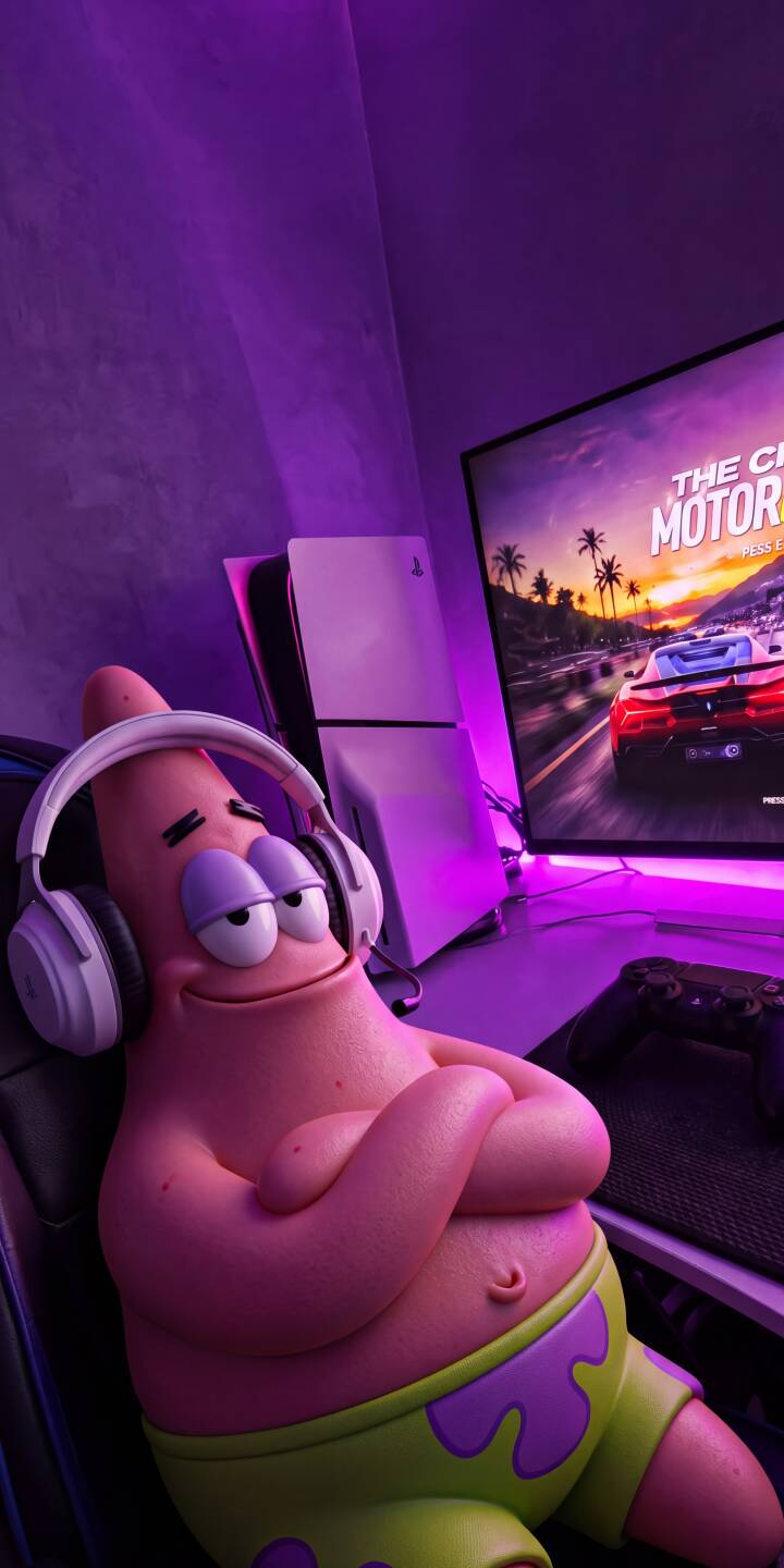 Vibrant purple lighting bathes the scene as a relaxed Patrick Star, wearing headphones, sits in his gaming chair beside a PS5 and a monitor displaying a thrilling racing game in this stunning 4K wallpaper for iPhone. This unique wallpaper perfectly captures the chill gamer vibe. | spongebob neon light cartoon character patrick iphone gaming wallpaper patrick star mobile 4k wallpaper hd wallpaper purple aesthetic Vibrant purple lighting bathes the scene as a relaxed Patrick Star, wearing headphones, sits in his gaming chair beside a PS5 and a monitor displaying a thrilling racing game in this stunning 4K wallpaper for iPhone. This unique wallpaper perfectly captures the chill gamer vibe.