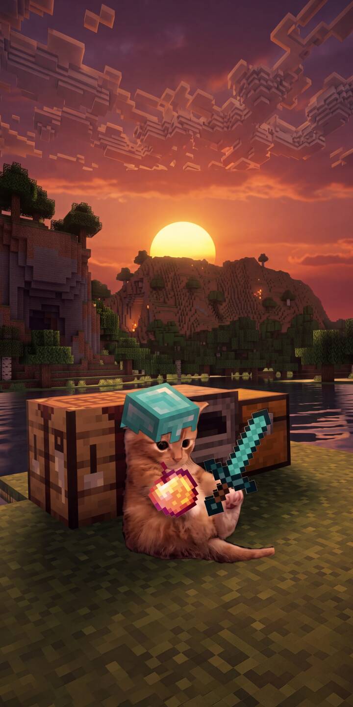 An adorable orange tabby cat, armed with a diamond helmet and sword, holds an enchanted golden apple against a stunning Minecraft sunset in this vibrant 4K wallpaper for iPhone. It's a charming wallpaper that blends real cat cuteness with pixelated adventure. | sunset cat minecraft cute iphone wallpaper mobile pixel art 4k wallpaper hd wallpaper adventure gamer cat An adorable orange tabby cat, armed with a diamond helmet and sword, holds an enchanted golden apple against a stunning Minecraft sunset in this vibrant 4K wallpaper for iPhone. It's a charming wallpaper that blends real cat cuteness with pixelated adventure.