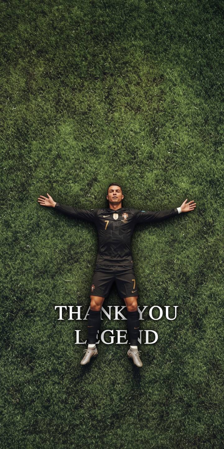 Cristiano Ronaldo, clad in his black Portugal kit, lies relaxed on vibrant green grass with arms outstretched, an emotional 'THANK YOU LEGEND' message visible beside him in this powerful 4K wallpaper. This stunning football wallpaper is a must-have for any iPhone user and fan of the iconic player. | football grass iphone ronaldo wallpaper cr7 legend cristiano ronaldo sport mobile 4k wallpaper hd wallpaper Cristiano Ronaldo, clad in his black Portugal kit, lies relaxed on vibrant green grass with arms outstretched, an emotional 'THANK YOU LEGEND' message visible beside him in this powerful 4K wallpaper. This stunning football wallpaper is a must-have for any iPhone user and fan of the iconic player.