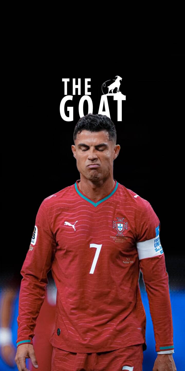 Cristiano Ronaldo's distinct pouting expression captured beneath the bold 'THE GOAT' text creates a powerful 4K wallpaper; this iconic visual featuring his red jersey is perfect for any iPhone. | sports football iphone ronaldo wallpaper goat cr7 portugal cristiano ronaldo mobile 4k wallpaper hd wallpaper Cristiano Ronaldo's distinct pouting expression captured beneath the bold 'THE GOAT' text creates a powerful 4K wallpaper; this iconic visual featuring his red jersey is perfect for any iPhone.