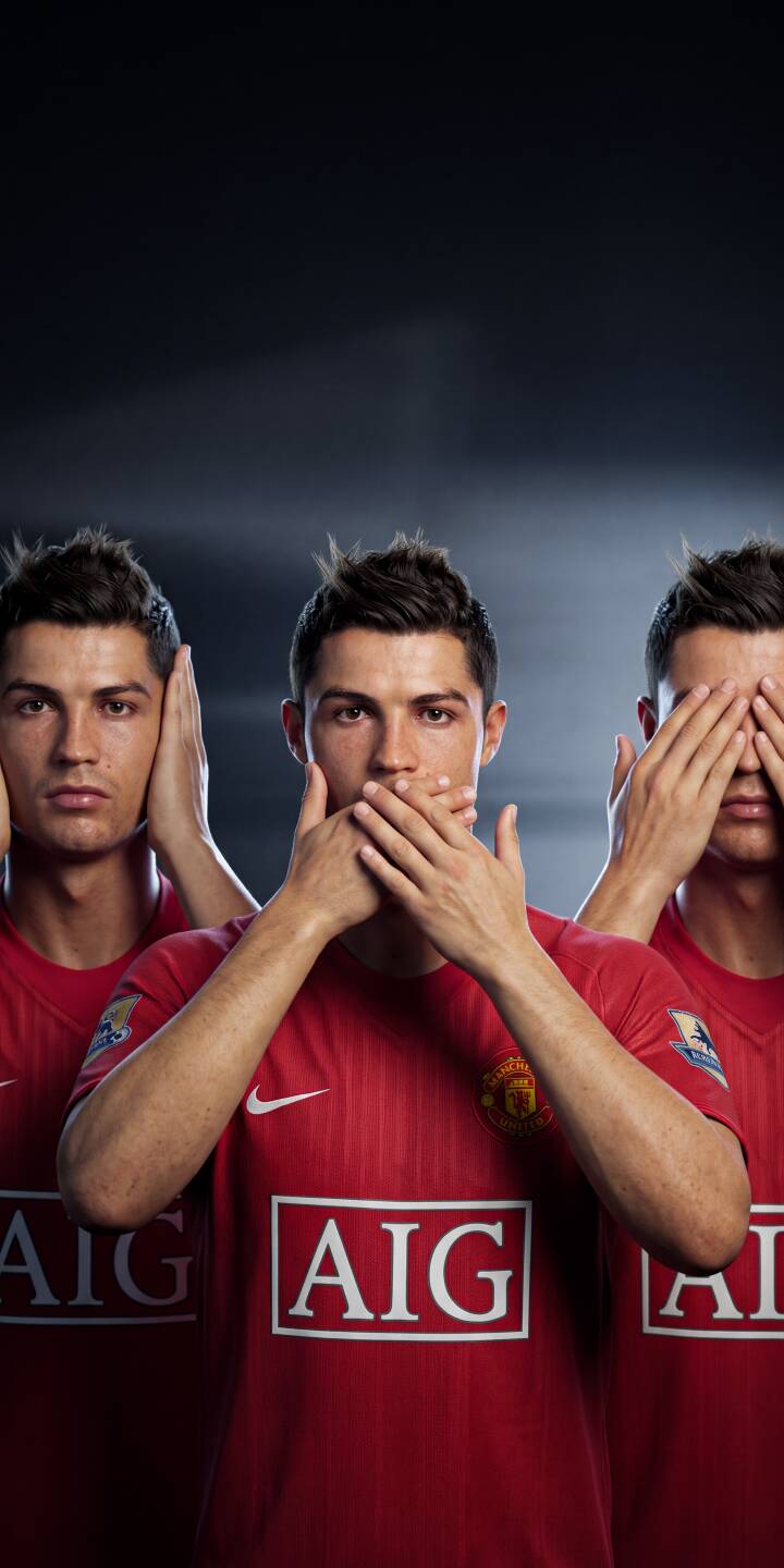 Three iconic poses of Cristiano Ronaldo, mimicking "see no evil, hear no evil, speak no evil", adorn this striking 4K wallpaper, making it a must-have wallpaper for iPhone sports fans. | sports football iphone ronaldo wallpaper cr7 cristiano ronaldo mobile manchester united 4k wallpaper hd wallpaper iconic Three iconic poses of Cristiano Ronaldo, mimicking "see no evil, hear no evil, speak no evil", adorn this striking 4K wallpaper, making it a must-have wallpaper for iPhone sports fans.