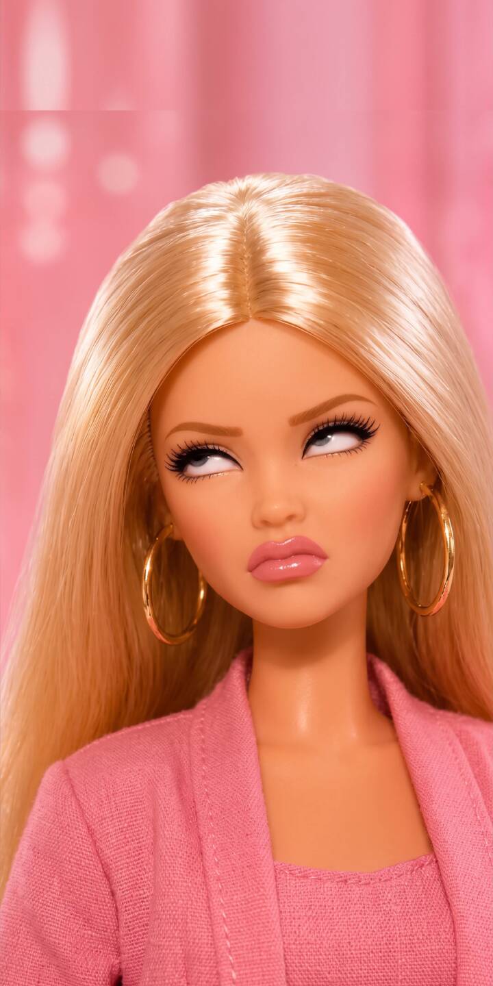 With a humorous eye-roll and pursed lips, this Barbie-like doll in a pink tweed jacket makes for a wonderfully expressive 4K wallpaper. This iconic sassy doll with her gold hoop earrings is the perfect wallpaper for your iPhone. | doll barbie blonde iphone wallpaper mobile pink aesthetic 4k wallpaper hd wallpaper humorous attitude sarcastic With a humorous eye-roll and pursed lips, this Barbie-like doll in a pink tweed jacket makes for a wonderfully expressive 4K wallpaper. This iconic sassy doll with her gold hoop earrings is the perfect wallpaper for your iPhone.