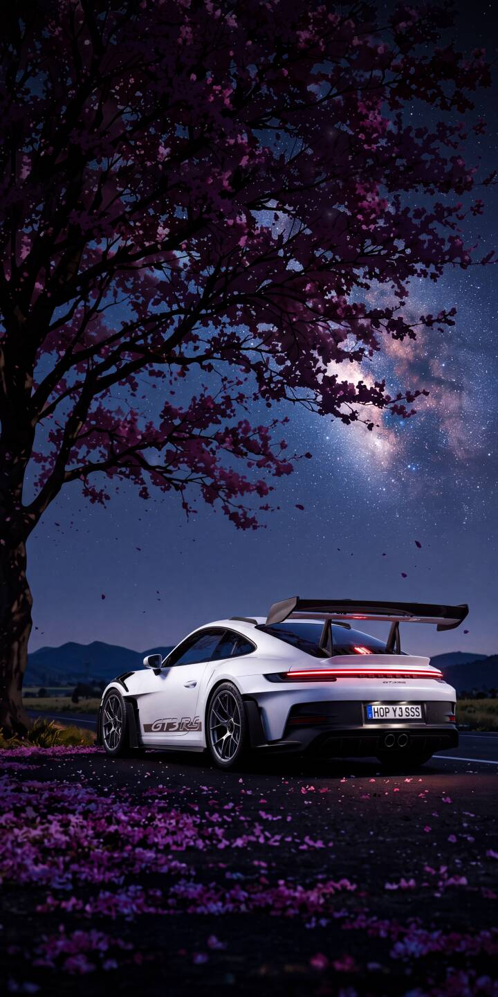 Falling cherry blossoms drift gracefully over a pristine white Porsche GT3 RS, its tail lights subtly glowing under a breathtaking 4K Milky Way sky — a truly exquisite automotive wallpaper for iPhone enthusiasts. | aesthetic cherry blossom iphone porsche wallpaper starry night mobile luxury car gt3 rs 4k wallpaper hd wallpaper automotive Falling cherry blossoms drift gracefully over a pristine white Porsche GT3 RS, its tail lights subtly glowing under a breathtaking 4K Milky Way sky — a truly exquisite automotive wallpaper for iPhone enthusiasts.