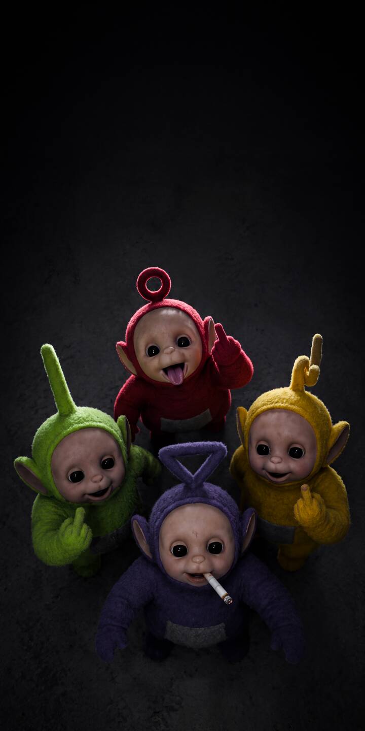 The purple Teletubby-inspired figure smokes a cigarette while its creepy companions, in red, green, and yellow, menacingly flash middle fingers against a dark backdrop in this striking 4K wallpaper, making for a truly unique iPhone wallpaper. | iphone wallpaper horror mobile digital art 4k wallpaper hd wallpaper rebellious teletubbies creepy teletubbies dark teletubbies baby monsters The purple Teletubby-inspired figure smokes a cigarette while its creepy companions, in red, green, and yellow, menacingly flash middle fingers against a dark backdrop in this striking 4K wallpaper, making for a truly unique iPhone wallpaper.