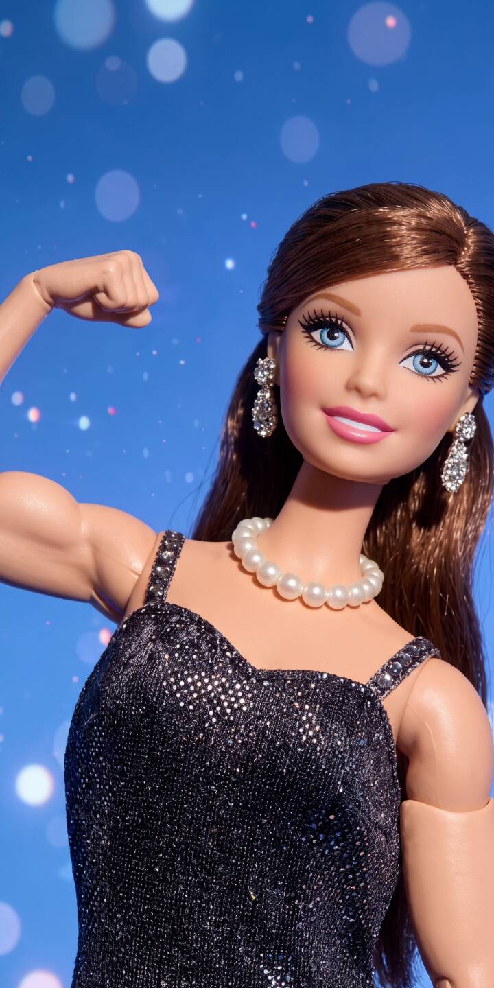 Barbie confidently flexes her bicep, showcasing strength in a dazzling black sparkly dress and elegant pearl necklace in this vibrant 4K wallpaper for iPhone. This unique Barbie wallpaper captures a powerful and glamorous aesthetic, perfect for any fan looking to add a touch of sparkle to their mobile. | doll barbie iphone wallpaper fashion strength mobile sparkly 4k wallpaper hd wallpaper blue background glamour Barbie confidently flexes her bicep, showcasing strength in a dazzling black sparkly dress and elegant pearl necklace in this vibrant 4K wallpaper for iPhone. This unique Barbie wallpaper captures a powerful and glamorous aesthetic, perfect for any fan looking to add a touch of sparkle to their mobile.
