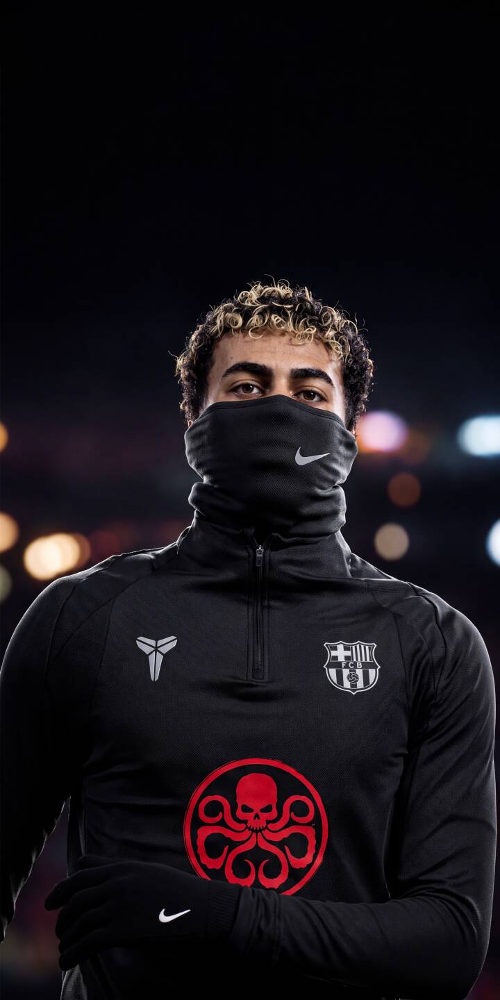 The striking red Hydra logo pops vividly on the chest of this masked athlete, paired with an FC Barcelona badge in this sharp 4K wallpaper. Perfect for iPhone, this compelling wallpaper features the distinct Kobe Mamba logo and curly blonde hair, making it a unique background. | dark athlete nike iphone soccer barcelona wallpaper mobile hydra 4k wallpaper hd wallpaper masked The striking red Hydra logo pops vividly on the chest of this masked athlete, paired with an FC Barcelona badge in this sharp 4K wallpaper. Perfect for iPhone, this compelling wallpaper features the distinct Kobe Mamba logo and curly blonde hair, making it a unique background.