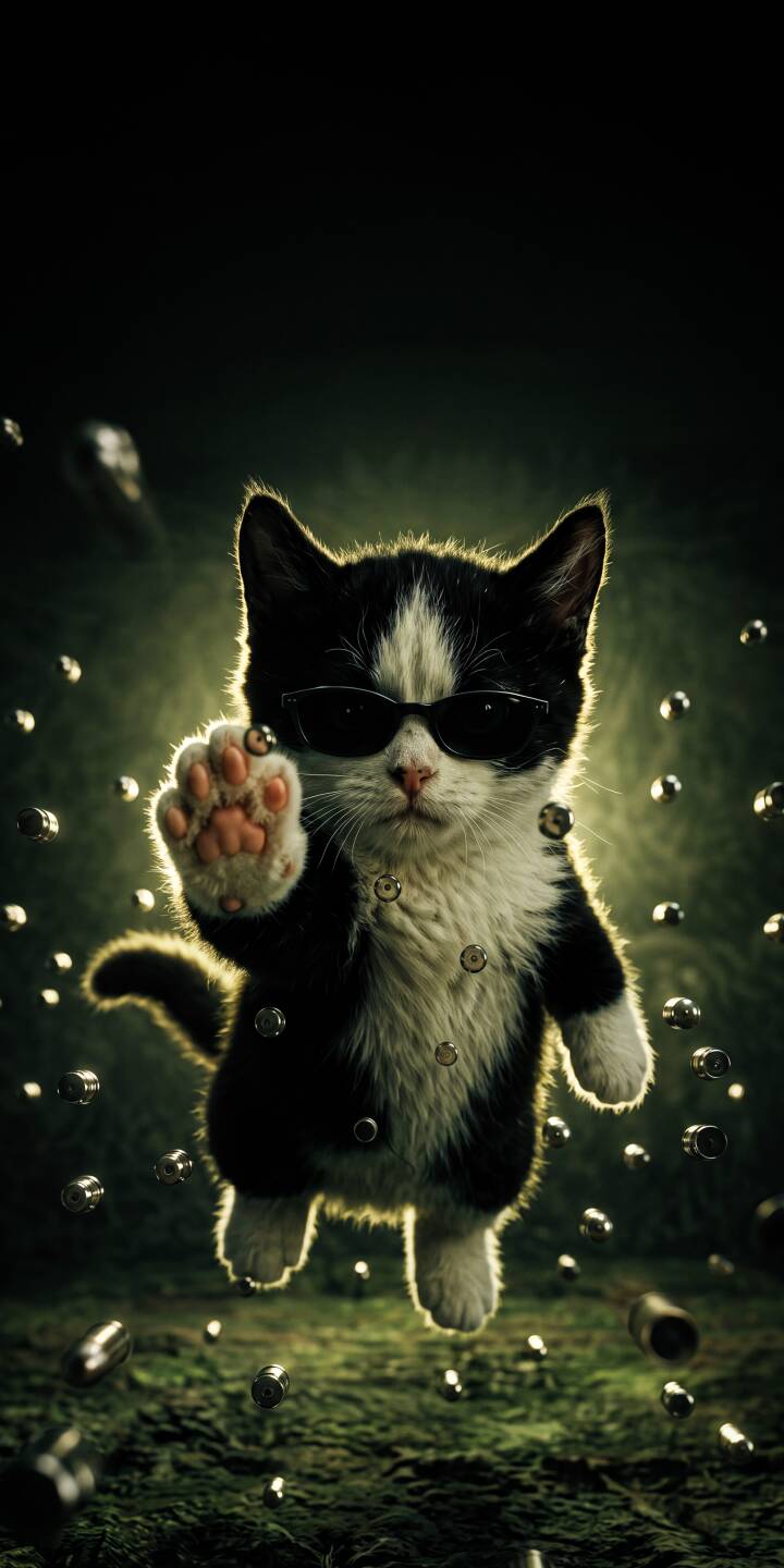 A tiny tuxedo kitten, sporting cool dark sunglasses and a raised paw, appears to defy gravity with bullets frozen in mid-air in this captivating 4K wallpaper - a truly unique wallpaper for your iPhone. | sunglasses cat iphone wallpaper cool kitten mobile 4k wallpaper hd wallpaper bullet time matrix style A tiny tuxedo kitten, sporting cool dark sunglasses and a raised paw, appears to defy gravity with bullets frozen in mid-air in this captivating 4K wallpaper - a truly unique wallpaper for your iPhone.