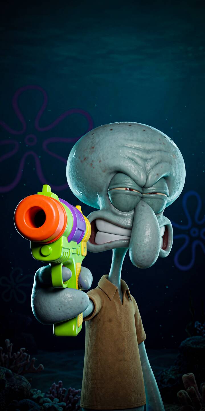 Squidward's menacing grimace is amplified by the vibrant toy water gun he wields in this hyper-realistic 4K wallpaper - an intense mobile wallpaper perfect for iPhone users. | spongebob toy gun squidward animated iphone realistic wallpaper mobile 4k wallpaper hd wallpaper humor dark art Squidward's menacing grimace is amplified by the vibrant toy water gun he wields in this hyper-realistic 4K wallpaper - an intense mobile wallpaper perfect for iPhone users.