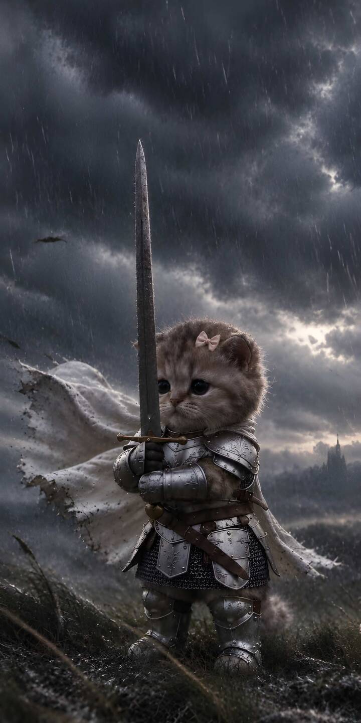 Rain streaks down a stormy sky as a tiny feline hero, adorned in gleaming knight's armor and a charming pink bow, valiantly clutches a great sword in this epic 4K wallpaper — the perfect wallpaper for iPhone screens. | sword cat knight cute iphone fantasy wallpaper kitten mobile 4k wallpaper hd wallpaper Rain streaks down a stormy sky as a tiny feline hero, adorned in gleaming knight's armor and a charming pink bow, valiantly clutches a great sword in this epic 4K wallpaper — the perfect wallpaper for iPhone screens.