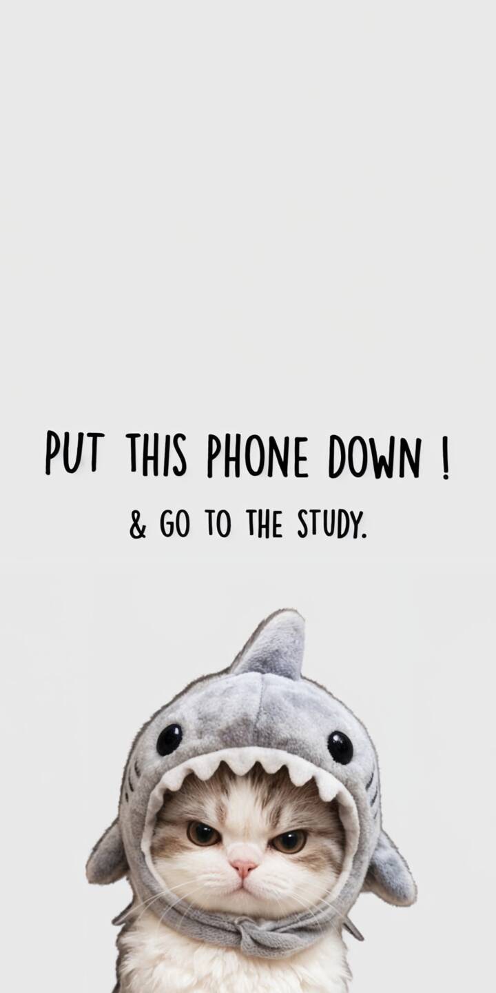 A fiercely adorable cat in a shark hoodie glares at you with an urgent reminder to "PUT THIS PHONE DOWN ! & GO TO THE STUDY" in this humorous 4K wallpaper. This delightful wallpaper features a funny, disgruntled expression perfect for your iPhone. | funny cat motivational iphone kitty shark wallpaper mobile 4k wallpaper hd wallpaper grumpy cat study reminder A fiercely adorable cat in a shark hoodie glares at you with an urgent reminder to "PUT THIS PHONE DOWN ! & GO TO THE STUDY" in this humorous 4K wallpaper. This delightful wallpaper features a funny, disgruntled expression perfect for your iPhone.