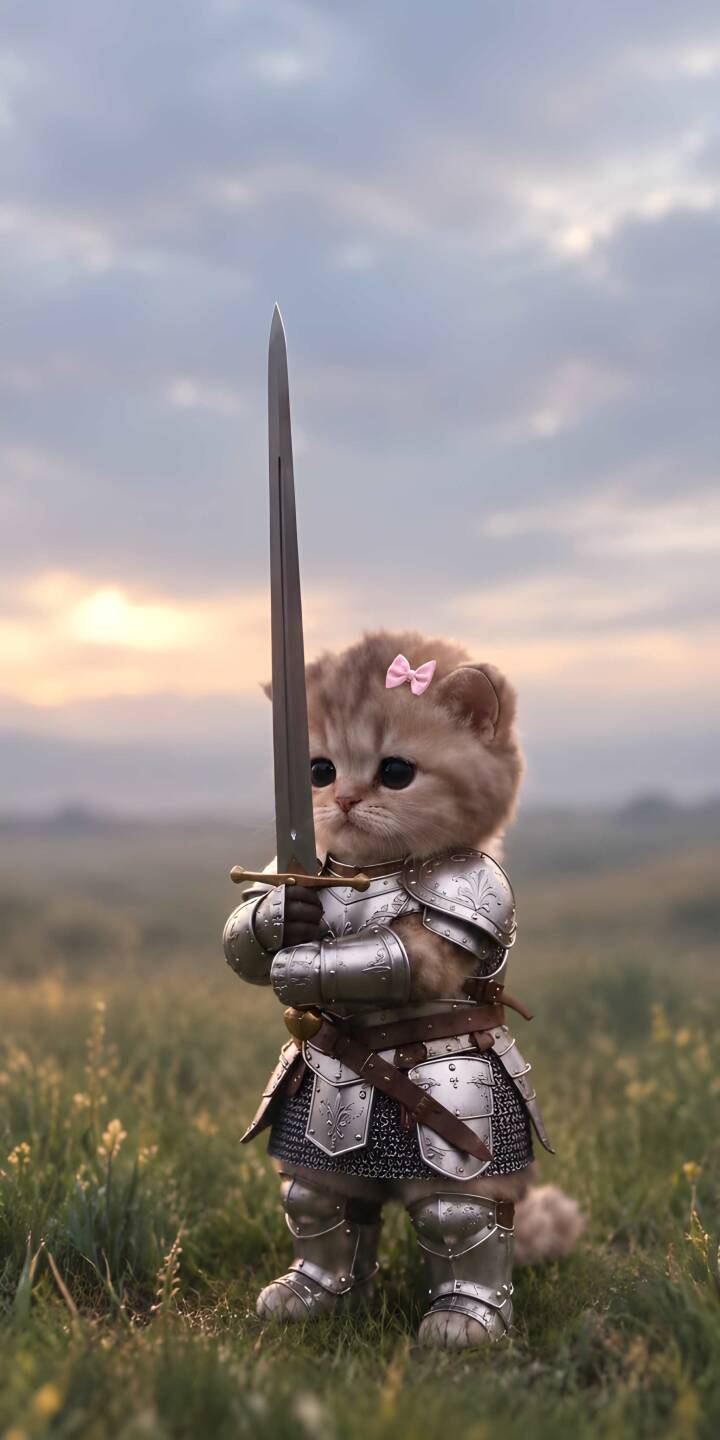 A tiny kitten in full knight's armor, complete with a pink bow and an upright sword, stands valiantly in a misty field in this adorable 4K wallpaper — a whimsical wallpaper perfect for iPhone. | aesthetic sword armor cute iphone fantasy wallpaper kitten mobile 4k wallpaper hd wallpaper cat knight A tiny kitten in full knight's armor, complete with a pink bow and an upright sword, stands valiantly in a misty field in this adorable 4K wallpaper — a whimsical wallpaper perfect for iPhone.