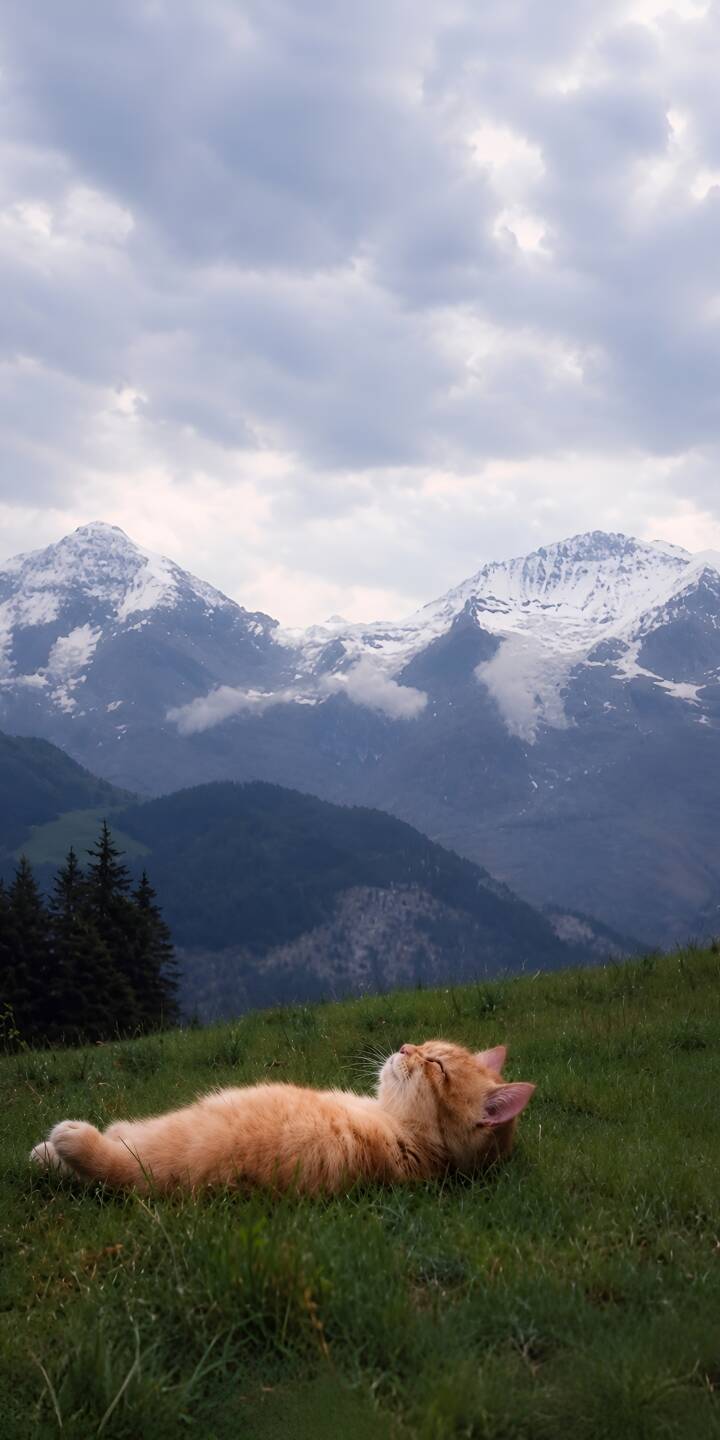 The fluffy orange kitten sleeps soundly in lush green grass, set against a majestic backdrop of snow-capped mountains and a cloudy sky in this serene 4K wallpaper — a perfect peaceful wallpaper for your iPhone. | cat relax 4k cute chill The fluffy orange kitten sleeps soundly in lush green grass, set against a majestic backdrop of snow-capped mountains and a cloudy sky in this serene 4K wallpaper — a perfect peaceful wallpaper for your iPhone.