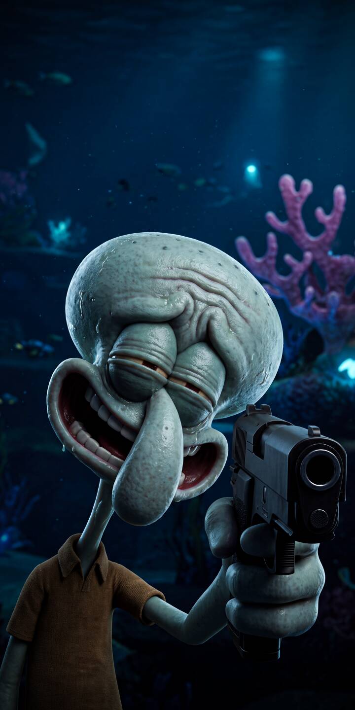 Squidward's unnerving wide grin and determined stance dominate this intense 4K wallpaper, as he clutches a realistic black pistol with surprising resolve. This dramatic underwater wallpaper is a perfect fit for iPhone, blending the familiar character with an unexpected, gritty edge. | meme spongebob dark gun underwater squidward iphone wallpaper mobile 4k wallpaper hd wallpaper 3d render Squidward's unnerving wide grin and determined stance dominate this intense 4K wallpaper, as he clutches a realistic black pistol with surprising resolve. This dramatic underwater wallpaper is a perfect fit for iPhone, blending the familiar character with an unexpected, gritty edge.