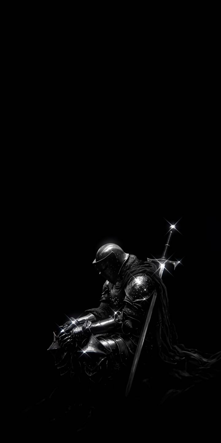 The polished, dark armor of a knight gleams with stark highlights against a somber black background, emphasizing intricate details and a pensive pose. This 4K medieval warrior wallpaper, complete with a shining sword, is an epic and dramatic choice for any iPhone wallpaper collection. | sword armor gothic knight medieval iphone wallpaper dark knight mobile 4k wallpaper hd wallpaper dark fantasy The polished, dark armor of a knight gleams with stark highlights against a somber black background, emphasizing intricate details and a pensive pose. This 4K medieval warrior wallpaper, complete with a shining sword, is an epic and dramatic choice for any iPhone wallpaper collection.