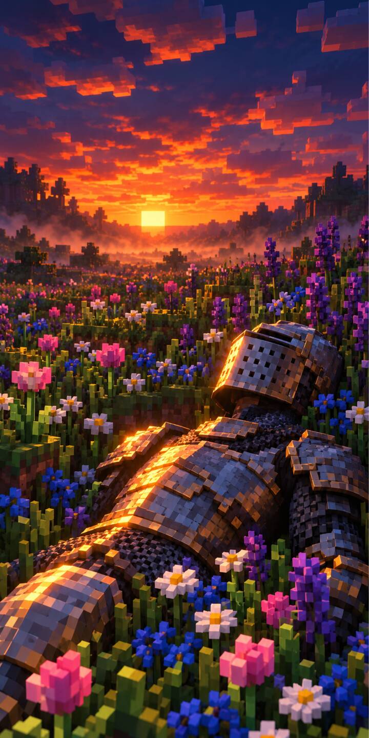 A breathtaking pixelated sunset, blazing in fiery orange and deep purple, illuminates a peaceful field of vibrant flowers where a solitary, blocky knight lies at rest in this stunning 4K wallpaper. This serene and detailed scene creates an atmospheric wallpaper perfect for your iPhone, blending adventure with tranquil beauty. | aesthetic flowers sunset minecraft knight iphone fantasy wallpaper mobile pixel art 4k wallpaper hd wallpaper A breathtaking pixelated sunset, blazing in fiery orange and deep purple, illuminates a peaceful field of vibrant flowers where a solitary, blocky knight lies at rest in this stunning 4K wallpaper. This serene and detailed scene creates an atmospheric wallpaper perfect for your iPhone, blending adventure with tranquil beauty.