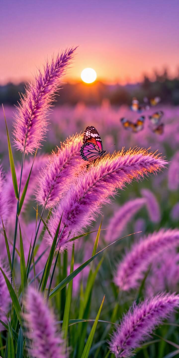 A vibrant pink butterfly rests on a soft purple feathery plant, bathed in the warm glow of a setting sun, creating a serene 4K wallpaper perfect for your iPhone. This enchanting nature scene offers a tranquil aesthetic as a stunning mobile wallpaper. | aesthetic field sunset purple iphone nature wallpaper mobile butterfly 4k wallpaper hd wallpaper serene A vibrant pink butterfly rests on a soft purple feathery plant, bathed in the warm glow of a setting sun, creating a serene 4K wallpaper perfect for your iPhone. This enchanting nature scene offers a tranquil aesthetic as a stunning mobile wallpaper.