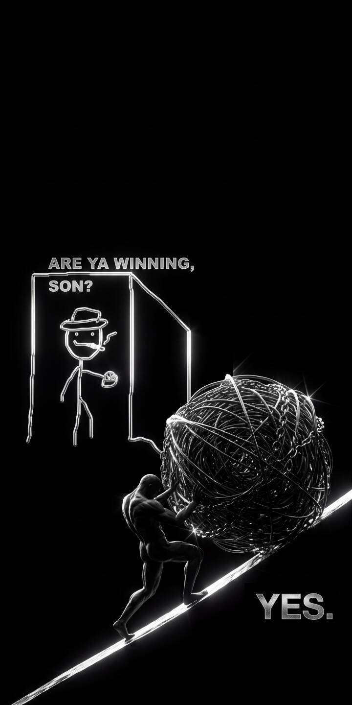 A powerful, silhouetted figure strains to push a complex, tangled metallic sphere up a glowing incline, answering "YES." to the ethereal stick-figure father asking "ARE YA WINNING, SON?" in this inspiring 4K wallpaper ",a high-contrast dark wallpaper perfect for your iPhone. | meme dark motivation iphone minimalist wallpaper mobile glowing 4k wallpaper hd wallpaper sisyphus are ya winning son A powerful, silhouetted figure strains to push a complex, tangled metallic sphere up a glowing incline, answering "YES." to the ethereal stick-figure father asking "ARE YA WINNING, SON?" in this inspiring 4K wallpaper ",a high-contrast dark wallpaper perfect for your iPhone.