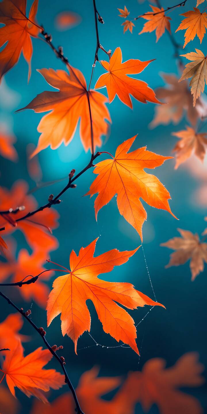 Intense orange maple leaves glow brightly against a stunning deep teal background in this breathtaking 4K nature wallpaper for iPhone. Look closely to spot a delicate spiderweb adorned with dew drops, adding a magical touch to this beautiful fall wallpaper. | orange fall teal iphone nature autumn leaves wallpaper maple mobile 4k wallpaper hd wallpaper Intense orange maple leaves glow brightly against a stunning deep teal background in this breathtaking 4K nature wallpaper for iPhone. Look closely to spot a delicate spiderweb adorned with dew drops, adding a magical touch to this beautiful fall wallpaper.