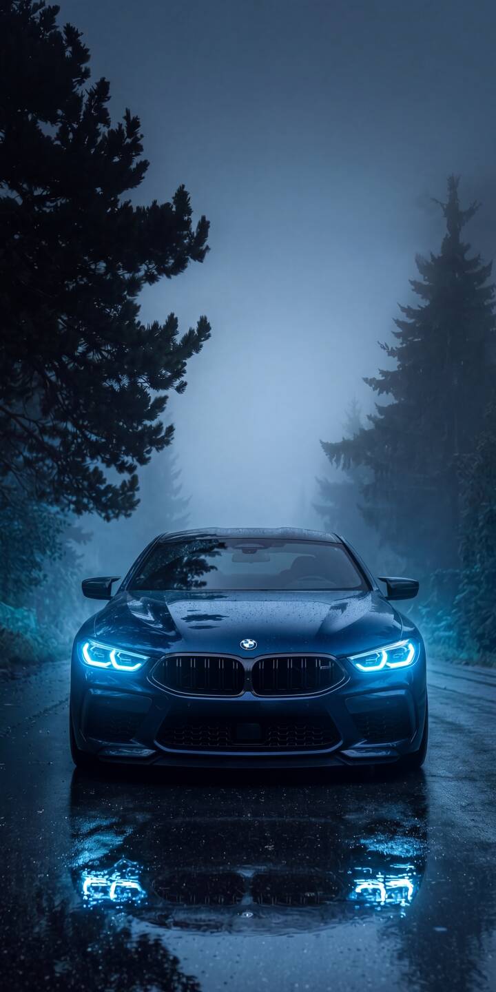 Bright blue headlights cut through the dense mist, illuminating the dark blue BMW M8 parked on a wet forest road in this atmospheric 4K wallpaper. This stunning moody car wallpaper is perfect for any iPhone user. | aesthetic car sports car dark foggy iphone bmw m8 wallpaper mobile 4k wallpaper hd wallpaper Bright blue headlights cut through the dense mist, illuminating the dark blue BMW M8 parked on a wet forest road in this atmospheric 4K wallpaper. This stunning moody car wallpaper is perfect for any iPhone user.
