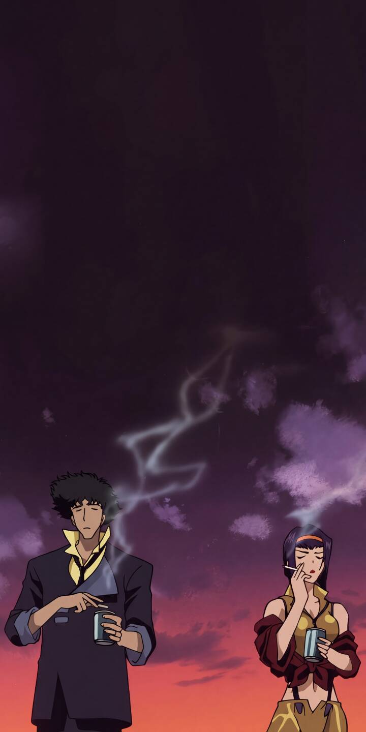 The iconic duo, Spike Spiegel and Faye Valentine, share a serene moment smoking against a dramatic purple and orange twilight sky. This 4K Cowboy Bebop wallpaper captures their calm demeanor, making it a perfect aesthetic wallpaper for iPhone. | aesthetic sunset anime iphone wallpaper smoking mobile 4k wallpaper hd wallpaper spike spiegel cowboy bebop faye valentine The iconic duo, Spike Spiegel and Faye Valentine, share a serene moment smoking against a dramatic purple and orange twilight sky. This 4K Cowboy Bebop wallpaper captures their calm demeanor, making it a perfect aesthetic wallpaper for iPhone.