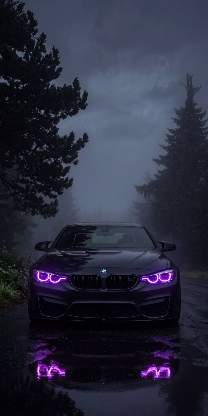 Vivid purple headlights illuminate the fog-shrouded path, creating a dramatic reflection on the wet pavement, in this striking 4K BMW wallpaper perfect for iPhone. | aesthetic car dark foggy iphone bmw wallpaper bmw m4 mobile 4k wallpaper hd wallpaper purple lights Vivid purple headlights illuminate the fog-shrouded path, creating a dramatic reflection on the wet pavement, in this striking 4K BMW wallpaper perfect for iPhone.