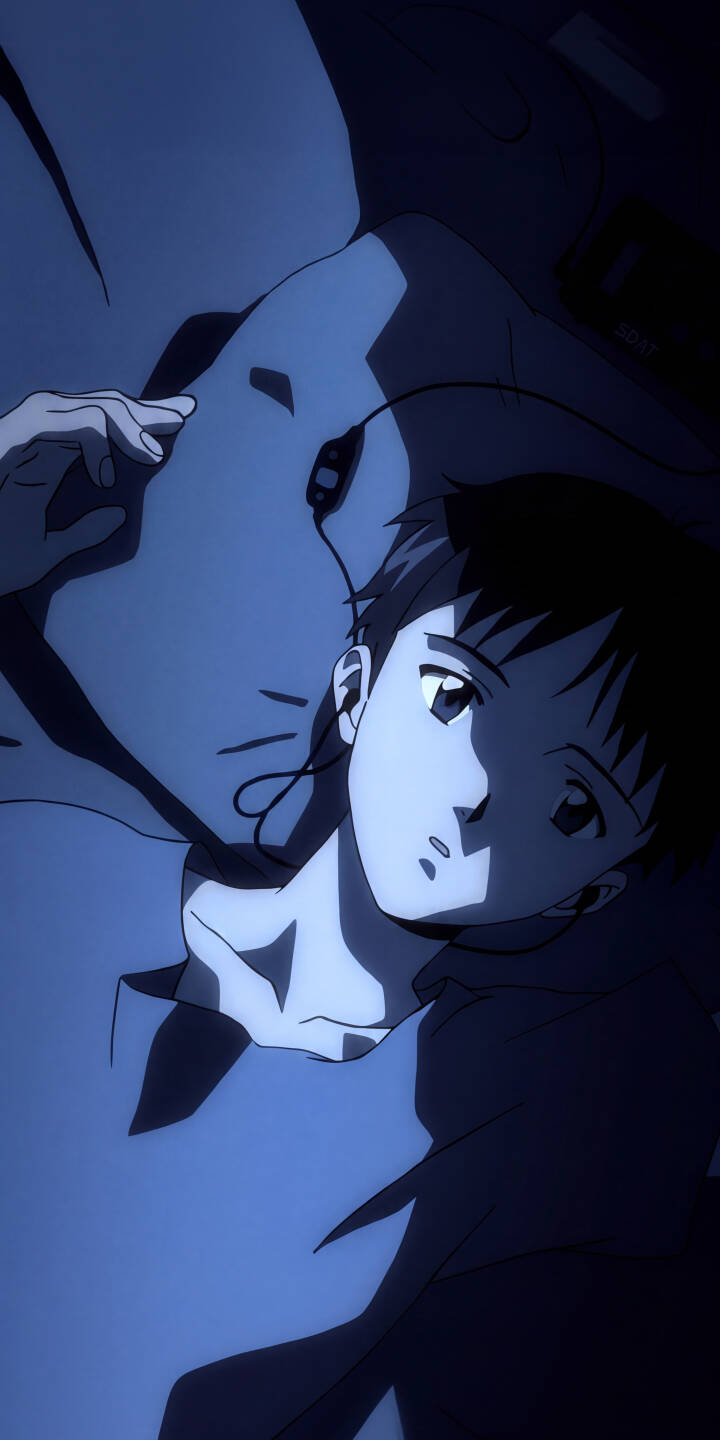Deep blue hues bathe Shinji Ikari as he lies pensive with wired earphones, lost in thought in this contemplative 4K wallpaper. This evocative wallpaper, featuring his troubled gaze and a mysterious overarching figure, is a perfect fit for iPhone. | anime iphone wallpaper lofi dark blue mobile 4k wallpaper hd wallpaper sad aesthetic shinji ikari evangelion Deep blue hues bathe Shinji Ikari as he lies pensive with wired earphones, lost in thought in this contemplative 4K wallpaper. This evocative wallpaper, featuring his troubled gaze and a mysterious overarching figure, is a perfect fit for iPhone.