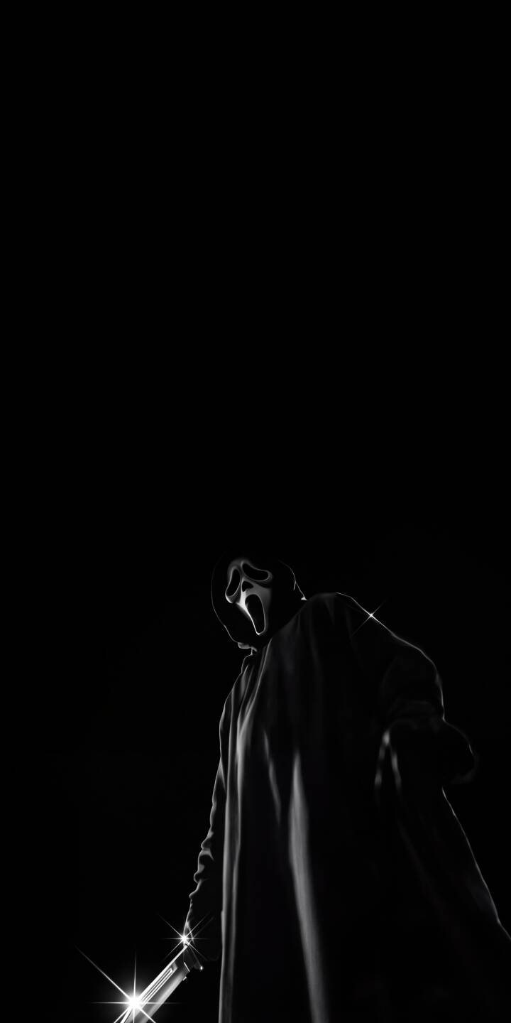 The iconic Ghostface mask glows eerily against a pitch-black background, a gleaming knife with star-like glints held in chilling readiness in this stunning 4K wallpaper -- an essential horror wallpaper for iPhone users. | dark knife iphone minimalist wallpaper horror scream mobile ghostface 4k wallpaper hd wallpaper slasher The iconic Ghostface mask glows eerily against a pitch-black background, a gleaming knife with star-like glints held in chilling readiness in this stunning 4K wallpaper -- an essential horror wallpaper for iPhone users.