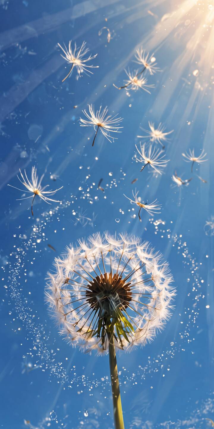 Sunlight streams down as delicate dandelion seeds float gracefully against a vibrant blue sky in this serene 4K wallpaper — a perfect wish-themed wallpaper for iPhone that captures natural beauty and light. | iphone nature wallpaper dandelion blue sky mobile sunlight 4k wallpaper hd wallpaper serene wish dandelion seeds Sunlight streams down as delicate dandelion seeds float gracefully against a vibrant blue sky in this serene 4K wallpaper — a perfect wish-themed wallpaper for iPhone that captures natural beauty and light.