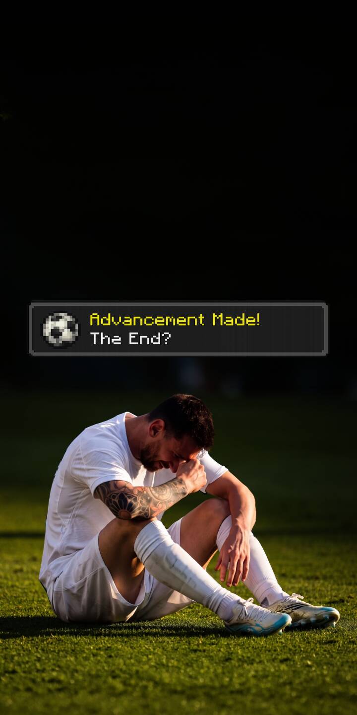 A somber Lionel Messi, head buried in his hand, sits on the green field beneath a "Advancement Made! The End?" pop-up in this evocative 4K wallpaper. This powerful image makes a unique statement, perfect as an iPhone wallpaper. | football minecraft iphone messi soccer wallpaper sad lionel messi mobile 4k wallpaper hd wallpaper advancement A somber Lionel Messi, head buried in his hand, sits on the green field beneath a "Advancement Made! The End?" pop-up in this evocative 4K wallpaper. This powerful image makes a unique statement, perfect as an iPhone wallpaper.