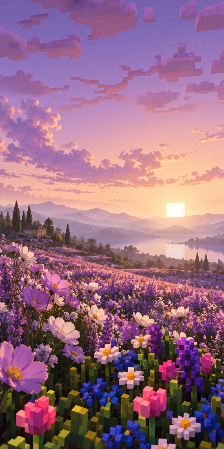 Blooming blocky flowers in shades of purple, pink, and white rise from a verdant pixel art field, leading towards a breathtaking 4K sunset over rolling hills and a tranquil lake; this picturesque scene creates an enchanting wallpaper, ideal for any iPhone screen. | aesthetic flowers landscape sunset minecraft iphone wallpaper mobile pixel art 4k wallpaper hd wallpaper lavender Blooming blocky flowers in shades of purple, pink, and white rise from a verdant pixel art field, leading towards a breathtaking 4K sunset over rolling hills and a tranquil lake; this picturesque scene creates an enchanting wallpaper, ideal for any iPhone screen.