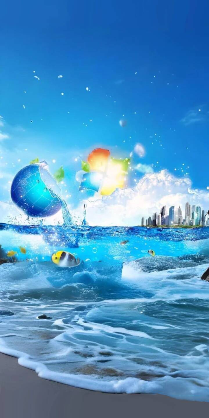 A luminous half-submerged globe spills shimmering water into a pristine 4K ocean, where colorful fish dart amidst the vibrant waves and a city skyline emerges in the distance, creating an enchanting fantasy wallpaper for your iPhone. This captivating scene makes for a unique wallpaper. | frutiger aero windows vista aesthetic frutiger aero style A luminous half-submerged globe spills shimmering water into a pristine 4K ocean, where colorful fish dart amidst the vibrant waves and a city skyline emerges in the distance, creating an enchanting fantasy wallpaper for your iPhone. This captivating scene makes for a unique wallpaper.