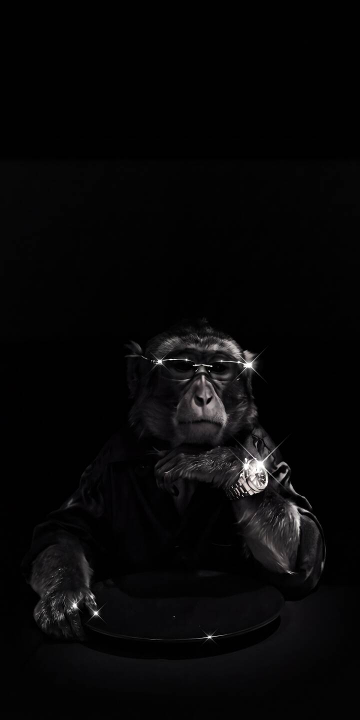 Sparkling reflections glint off the stylish sunglasses and diamond watch of this sophisticated monkey, striking a thoughtful pose against a minimalist black background. This compelling 4K wallpaper is a stunning addition for any iPhone lock screen, bringing a touch of dark aesthetic to your device. | aesthetic animal dark iphone monkey wallpaper mobile 4k wallpaper hd wallpaper shades diamond watch cool monkey Sparkling reflections glint off the stylish sunglasses and diamond watch of this sophisticated monkey, striking a thoughtful pose against a minimalist black background. This compelling 4K wallpaper is a stunning addition for any iPhone lock screen, bringing a touch of dark aesthetic to your device.