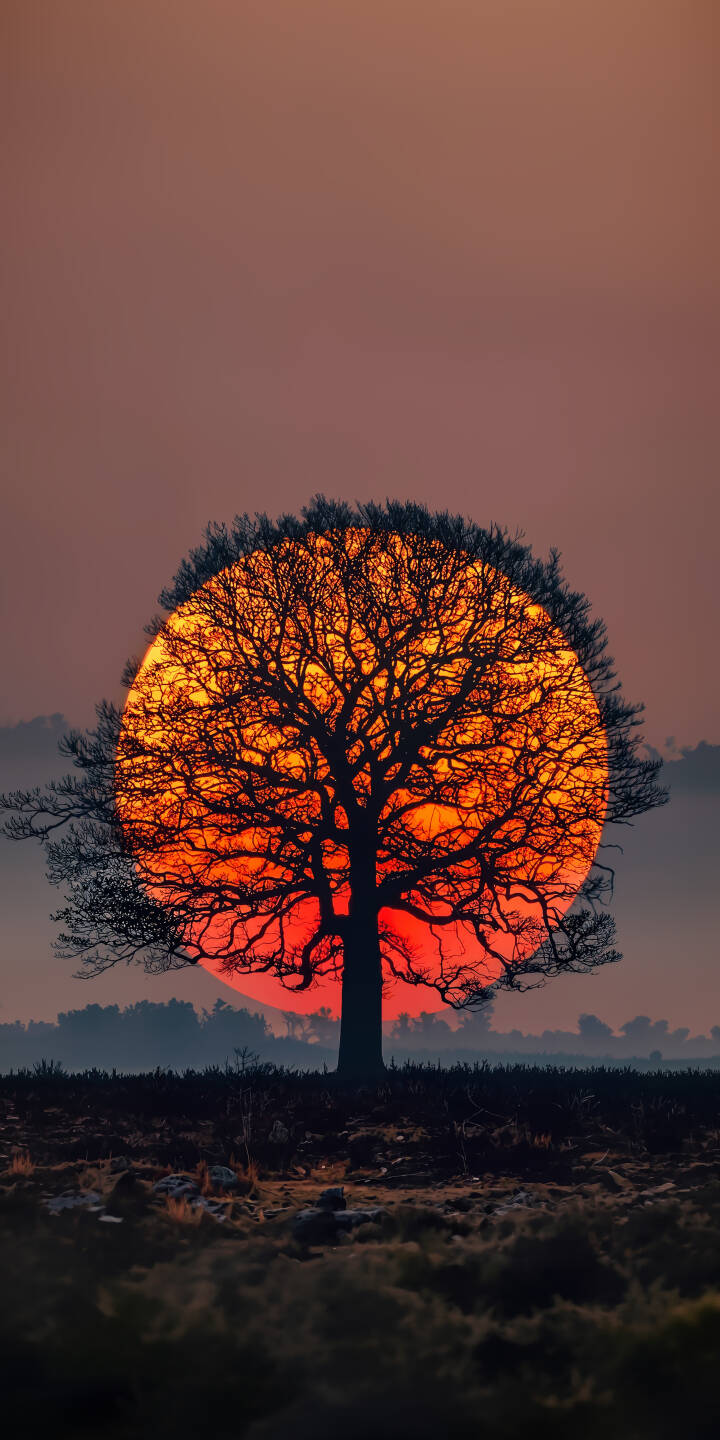 A breathtaking, fiery orange sun descends behind the intricate silhouette of a lone tree in this dramatic 4K wallpaper, making it a serene and captivating wallpaper for iPhone users. The muted reddish-brown sky frames this natural spectacle, grounded by a dark, textured landscape. | landscape sunset tree orange iphone nature wallpaper silhouette mobile 4k wallpaper hd wallpaper scenic A breathtaking, fiery orange sun descends behind the intricate silhouette of a lone tree in this dramatic 4K wallpaper, making it a serene and captivating wallpaper for iPhone users. The muted reddish-brown sky frames this natural spectacle, grounded by a dark, textured landscape.