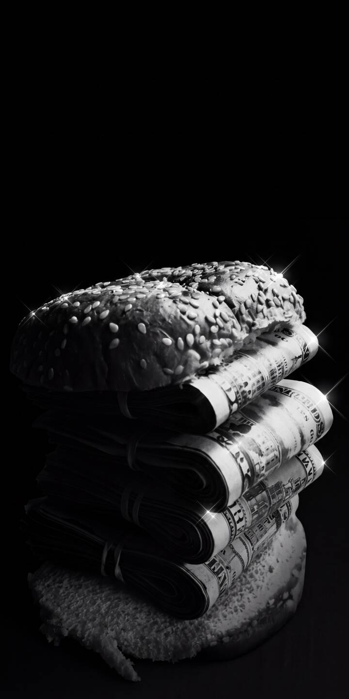 Glitzy sparkles adorn the stacked US dollar bills and sesame seed bun, creating a striking monochrome money burger in this 4K wallpaper. This opulent wallpaper is perfect for iPhone users seeking a symbol of wealth and luxury. | cash iphone wallpaper dollars mobile 4k wallpaper hd wallpaper monochrome wealth sparkle money burger Glitzy sparkles adorn the stacked US dollar bills and sesame seed bun, creating a striking monochrome money burger in this 4K wallpaper. This opulent wallpaper is perfect for iPhone users seeking a symbol of wealth and luxury.