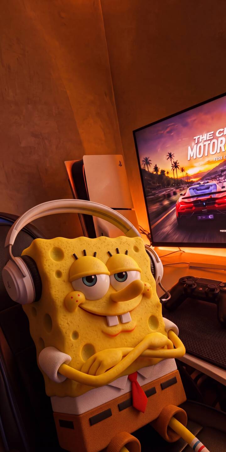Spongebob's wide grin and crossed arms instantly convey a relaxed gaming mood as he sports headphones amidst a glowing 4K gaming setup, making this a perfect wallpaper for iPhone users. This vibrant Spongebob wallpaper, featuring a PlayStation 5 and a racing game, is a must-have for fans. | cartoon aesthetic spongebob iphone gaming wallpaper mobile spongebob squarepants ps5 4k wallpaper hd wallpaper Spongebob's wide grin and crossed arms instantly convey a relaxed gaming mood as he sports headphones amidst a glowing 4K gaming setup, making this a perfect wallpaper for iPhone users. This vibrant Spongebob wallpaper, featuring a PlayStation 5 and a racing game, is a must-have for fans.