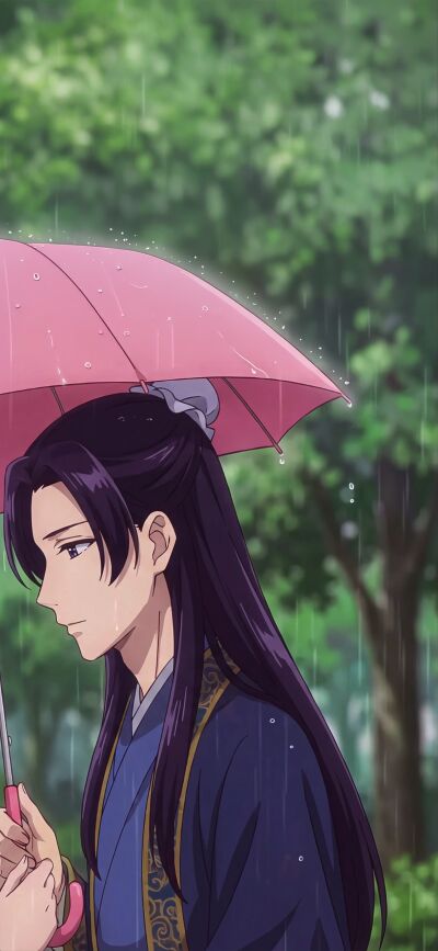 Gentle raindrops fall on a vibrant pink umbrella, sheltering a serene anime girl dressed in traditional green attire, making a perfect 4K matching wallpaper for your iPhone. This beautiful wallpaper captures a quiet moment in a blurred forest background.