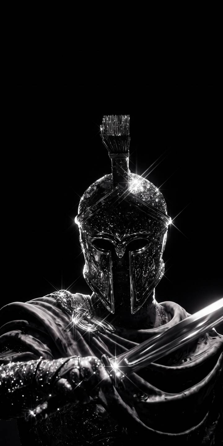 Glittering light explodes across the ornate Spartan helmet and shining armor, held by a warrior gripping a gleaming sword in this powerful 4K wallpaper; an epic monochrome wallpaper perfect for iPhone. | sword warrior dark armor helmet iphone wallpaper mobile 4k wallpaper hd wallpaper monochrome spartan Glittering light explodes across the ornate Spartan helmet and shining armor, held by a warrior gripping a gleaming sword in this powerful 4K wallpaper; an epic monochrome wallpaper perfect for iPhone.