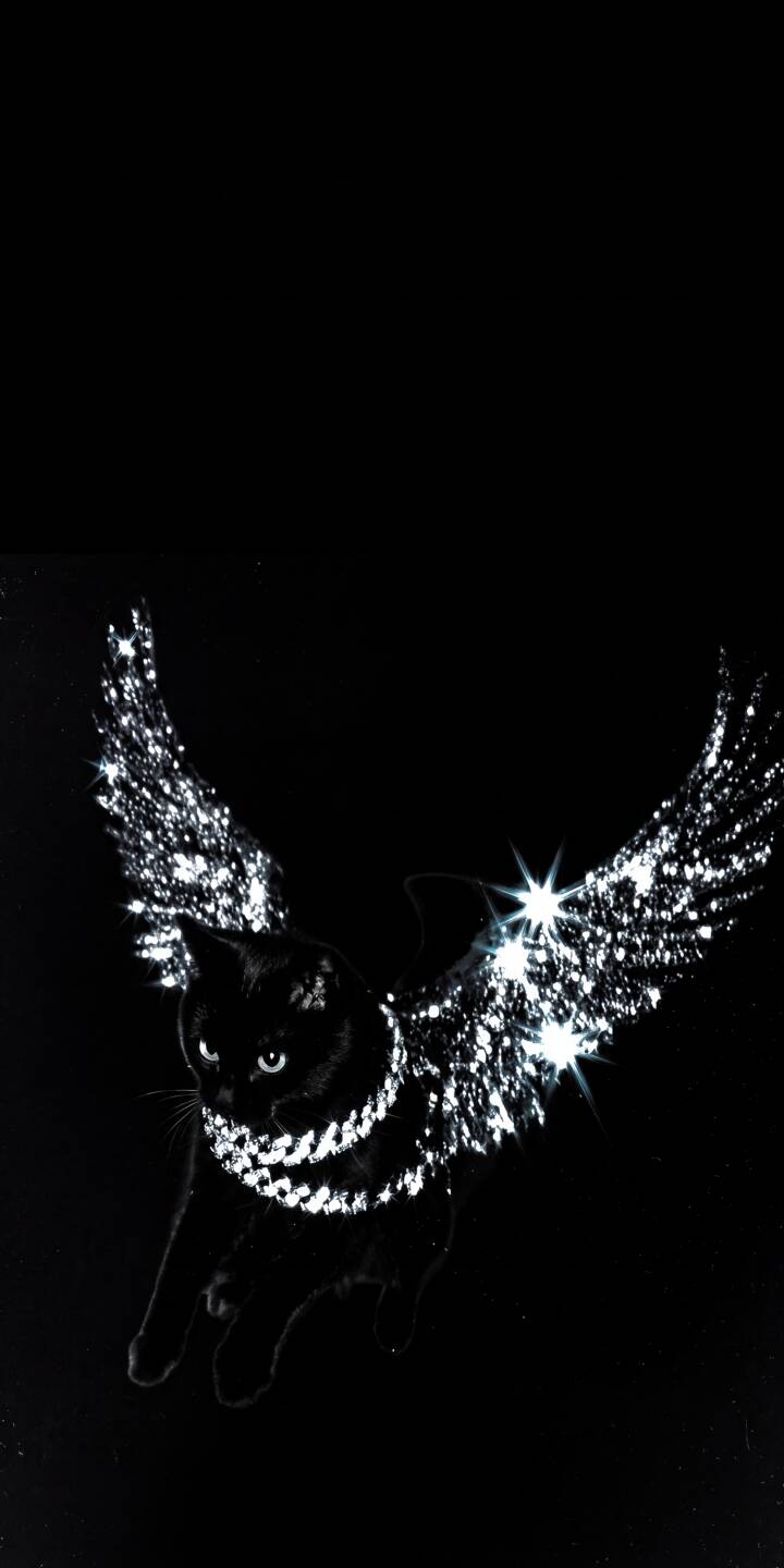 Glistening glitter wings extend from a mysterious black cat, adorned with a sparkling chain collar and glowing eyes in this stunning 4K wallpaper. This elegant wallpaper is perfect for personalizing your iPhone. | cat iphone wallpaper black cat sparkling mobile 4k wallpaper hd wallpaper dark aesthetic winged cat glitter Glistening glitter wings extend from a mysterious black cat, adorned with a sparkling chain collar and glowing eyes in this stunning 4K wallpaper. This elegant wallpaper is perfect for personalizing your iPhone.