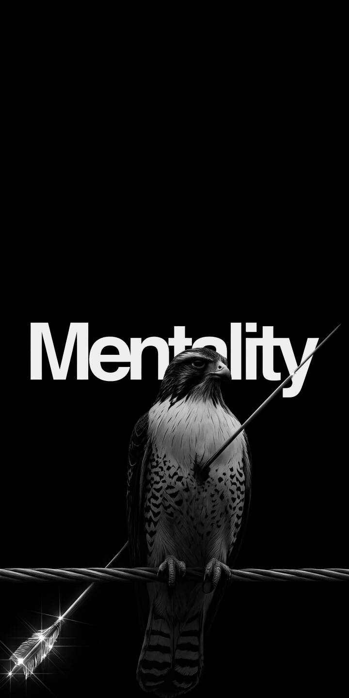 A majestic falcon stands stoically on a wire, an arrow piercing its body, with the bold word "Mentality" floating above in this powerful 4K wallpaper — a truly unique wallpaper for your iPhone display. | aesthetic iphone minimal wallpaper black and white mobile mentality 4k wallpaper hd wallpaper monochrome falcon hawk A majestic falcon stands stoically on a wire, an arrow piercing its body, with the bold word "Mentality" floating above in this powerful 4K wallpaper — a truly unique wallpaper for your iPhone display.