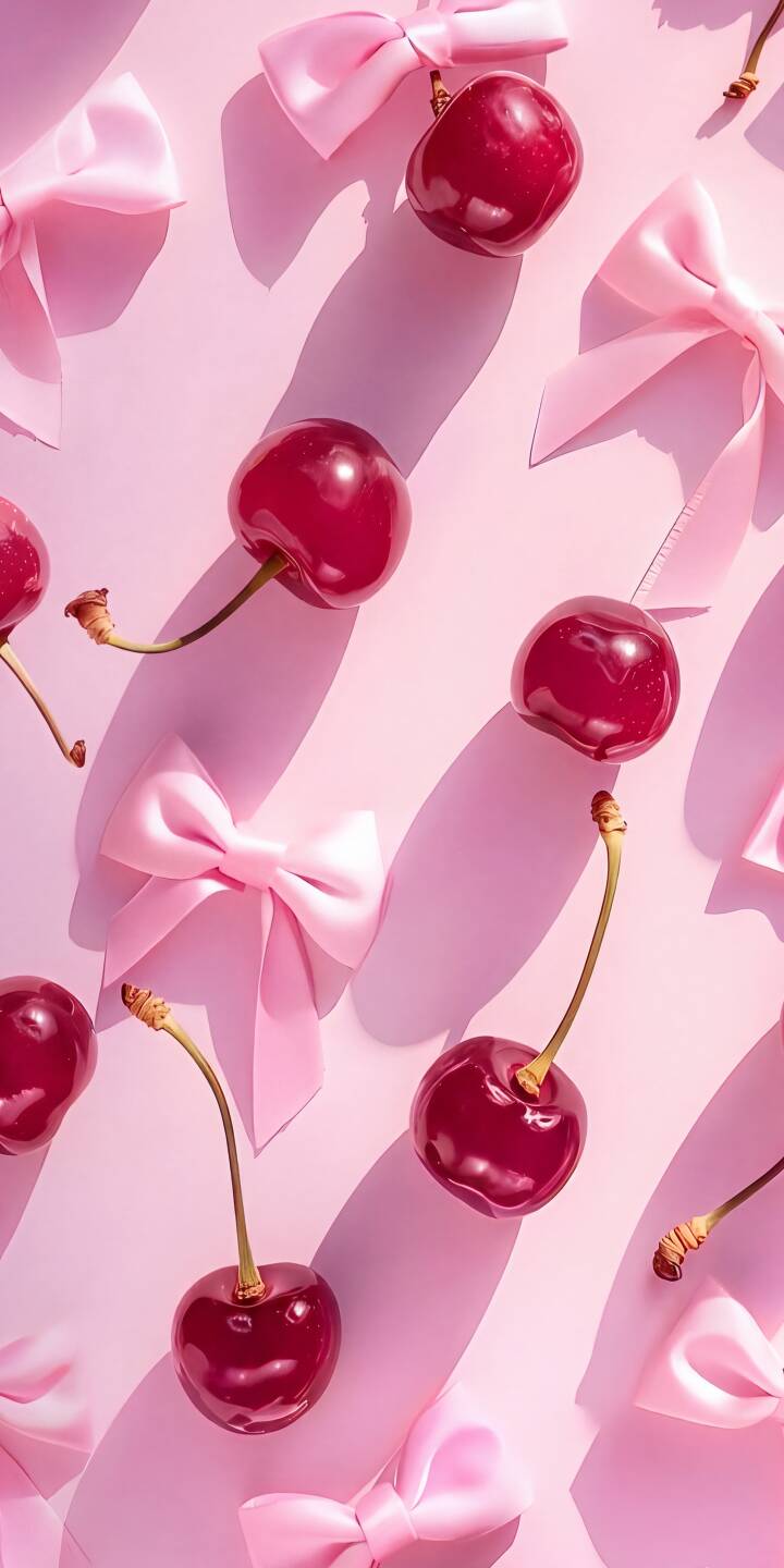 Vibrant red cherries and delicate pink bows are artfully scattered across a pastel pink background in this stunning 4K wallpaper. The long, distinct shadows add depth, making it an irresistible aesthetic wallpaper for your iPhone. | pink aesthetic cute iphone wallpaper fruit mobile 4k wallpaper hd wallpaper cherry bows cherries Vibrant red cherries and delicate pink bows are artfully scattered across a pastel pink background in this stunning 4K wallpaper. The long, distinct shadows add depth, making it an irresistible aesthetic wallpaper for your iPhone.