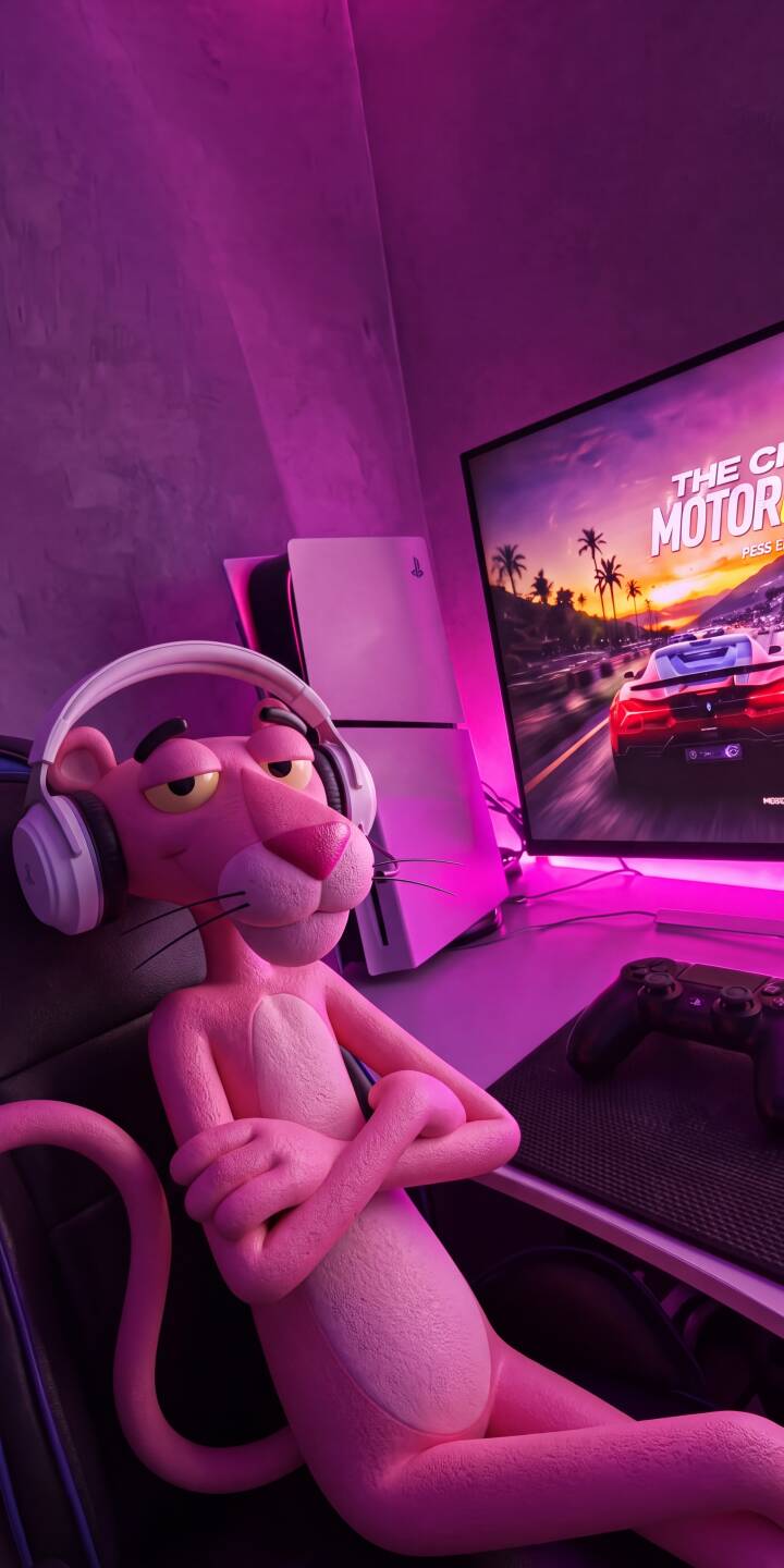 Bathed in glowing purple light, the iconic Pink Panther relaxes with headphones on, enjoying a vibrant racing game on his screen in this stylish 4K wallpaper. This dynamic gamer wallpaper is a must-have for any iPhone, featuring a classic character in a modern gaming setup. | cartoon neon iphone gaming wallpaper gamer pink panther mobile playstation 4k wallpaper hd wallpaper purple aesthetic Bathed in glowing purple light, the iconic Pink Panther relaxes with headphones on, enjoying a vibrant racing game on his screen in this stylish 4K wallpaper. This dynamic gamer wallpaper is a must-have for any iPhone, featuring a classic character in a modern gaming setup.