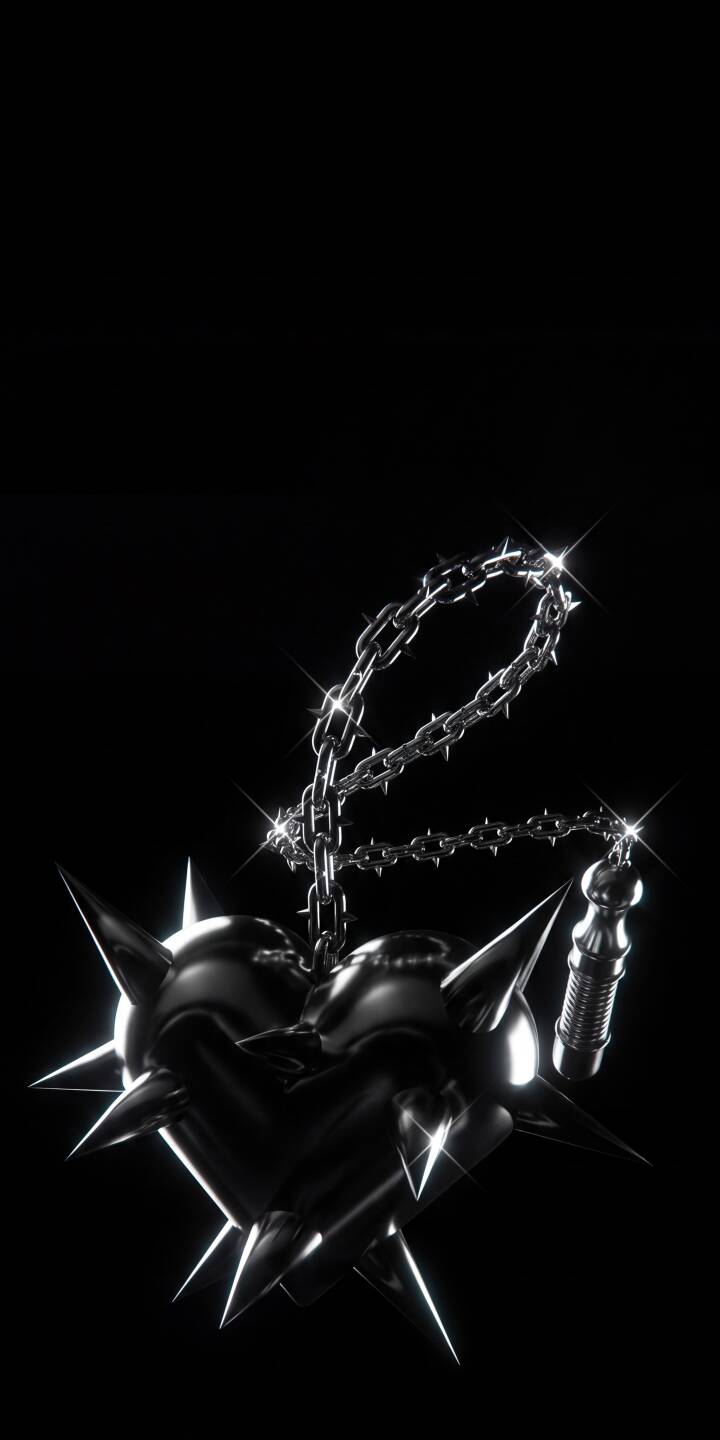 Glistening metallic spikes radiate from a dark, chain-wrapped heart against a stark black background in this intense 4K wallpaper. This stunning wallpaper for iPhone users captures a unique blend of gothic elegance and raw power. | chain heart gothic iphone wallpaper mobile 4k wallpaper hd wallpaper dark aesthetic metallic heart spiked heart shiny metal Glistening metallic spikes radiate from a dark, chain-wrapped heart against a stark black background in this intense 4K wallpaper. This stunning wallpaper for iPhone users captures a unique blend of gothic elegance and raw power.