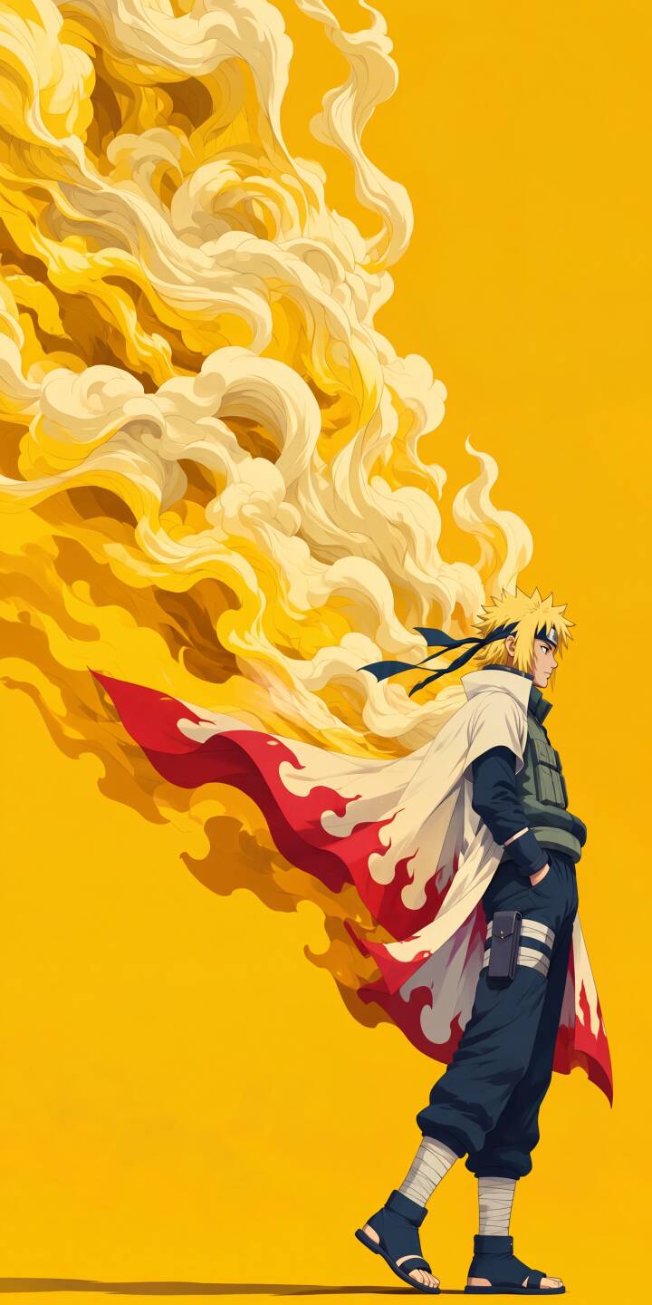 Minato Namikaze stands confidently against a vibrant yellow background, his iconic Fourth Hokage cloak with its red flame design flowing gracefully as golden energy swirls behind him in this striking 4K wallpaper. This captivating anime wallpaper is perfect for any iPhone, bringing the legend of the Yellow Flash to your screen. | anime naruto iphone wallpaper mobile 4k wallpaper hd wallpaper minato hokage yellow flash vibrant yellow flowing energy Minato Namikaze stands confidently against a vibrant yellow background, his iconic Fourth Hokage cloak with its red flame design flowing gracefully as golden energy swirls behind him in this striking 4K wallpaper. This captivating anime wallpaper is perfect for any iPhone, bringing the legend of the Yellow Flash to your screen.