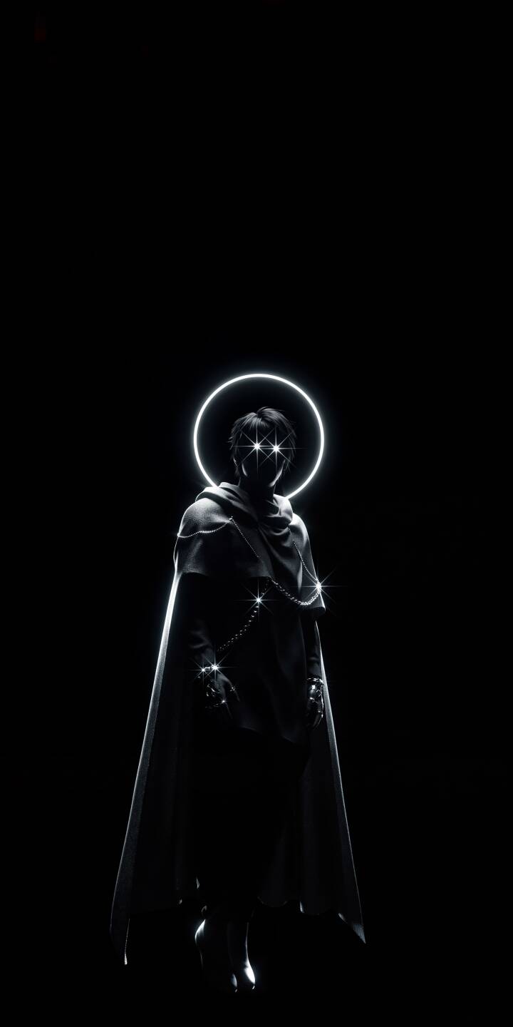 A striking glowing halo encircles the head of a silhouetted cloaked figure, whose star-like eyes pierce through the darkness in this mesmerizing 4K wallpaper, making it a truly unique wallpaper for iPhone. | aesthetic dark iphone wallpaper halo mobile glowing digital art 4k wallpaper hd wallpaper mysterious cloaked figure A striking glowing halo encircles the head of a silhouetted cloaked figure, whose star-like eyes pierce through the darkness in this mesmerizing 4K wallpaper, making it a truly unique wallpaper for iPhone.