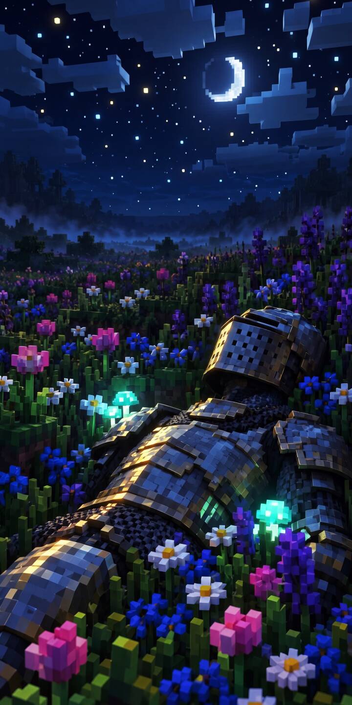 Glowing mushrooms illuminate the vibrant, pixelated flower field where a lone knight's armor rests under a starry crescent moon, making this a truly atmospheric 4K wallpaper. This stunning wallpaper is perfect for personalizing your iPhone. | flowers night sky minecraft knight iphone fantasy wallpaper mobile pixel art 4k wallpaper hd wallpaper glowing mushrooms Glowing mushrooms illuminate the vibrant, pixelated flower field where a lone knight's armor rests under a starry crescent moon, making this a truly atmospheric 4K wallpaper. This stunning wallpaper is perfect for personalizing your iPhone.