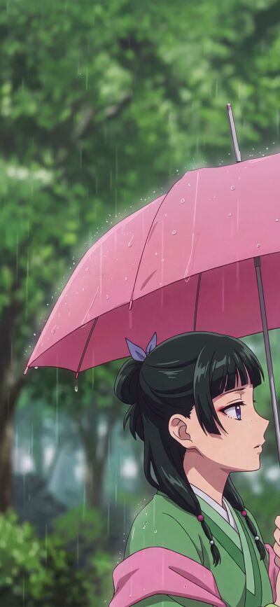 Gentle raindrops fall on a vibrant pink umbrella, sheltering a serene anime girl dressed in traditional green attire, making a perfect 4K matching wallpaper for your iPhone. This beautiful wallpaper captures a quiet moment in a blurred forest background.