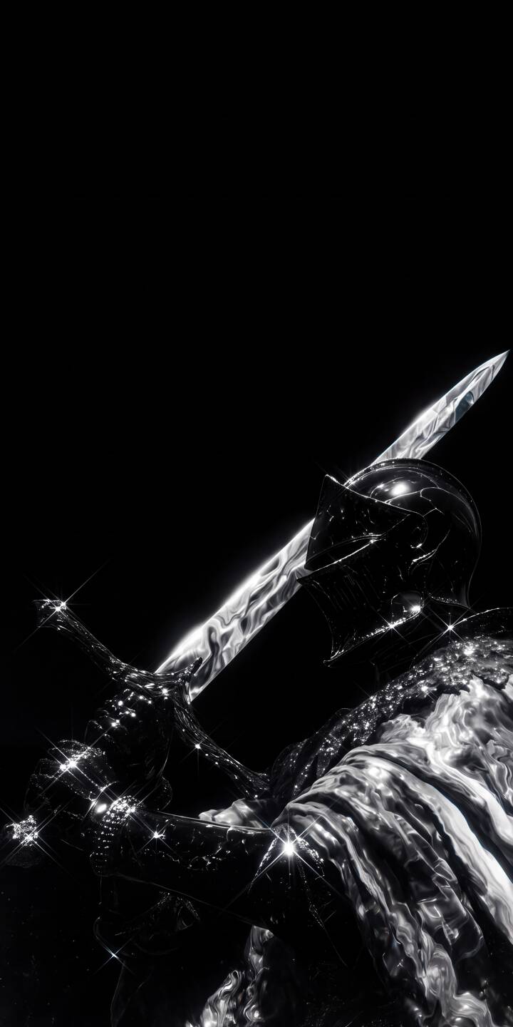 Gleaming with countless sparkling reflections, this dark knight's obsidian-like armor and razor-sharp sword make for a striking 4K wallpaper — an epic iPhone wallpaper for fantasy fans. | aesthetic sword knight iphone fantasy wallpaper dark knight mobile 4k wallpaper hd wallpaper monochrome obsidian Gleaming with countless sparkling reflections, this dark knight's obsidian-like armor and razor-sharp sword make for a striking 4K wallpaper — an epic iPhone wallpaper for fantasy fans.