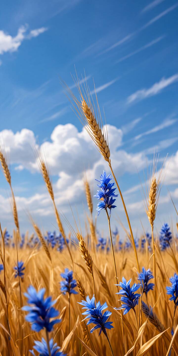 Vibrant blue flowers stand out amidst golden wheat stalks under a brilliant blue sky, making this serene 4K field wallpaper an ideal natural backdrop for your iPhone. | sky iphone nature wallpaper golden mobile 4k wallpaper hd wallpaper blue flowers serene wheat cornfield Vibrant blue flowers stand out amidst golden wheat stalks under a brilliant blue sky, making this serene 4K field wallpaper an ideal natural backdrop for your iPhone.