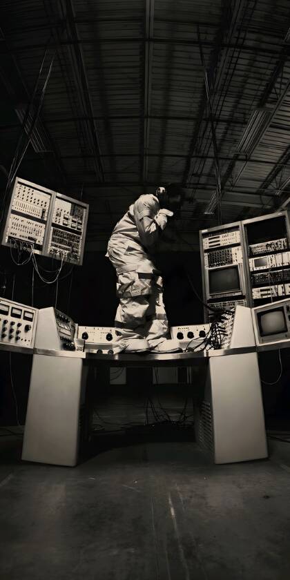 A mysterious figure in a utility suit stands poised atop a sprawling control console, surrounded by an intricate web of vintage electronics and dangling wires in this striking 4K wallpaper. This monochrome, industrial-inspired wallpaper is perfect for personalizing your iPhone with a unique, retro-futuristic aesthetic. | rappers A mysterious figure in a utility suit stands poised atop a sprawling control console, surrounded by an intricate web of vintage electronics and dangling wires in this striking 4K wallpaper. This monochrome, industrial-inspired wallpaper is perfect for personalizing your iPhone with a unique, retro-futuristic aesthetic.